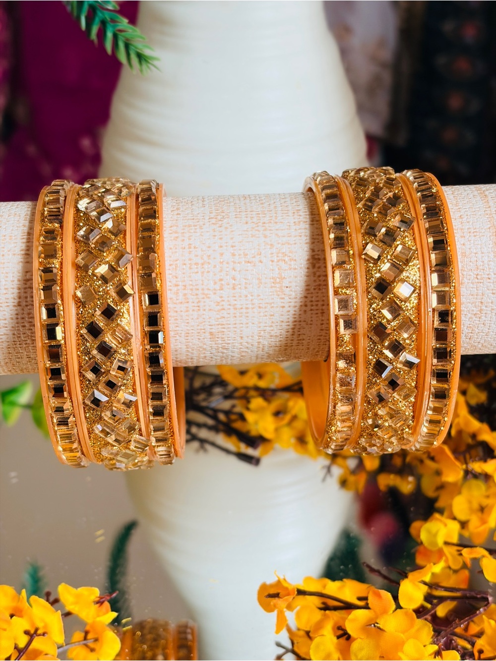 Gold-Tone Mirrored Glass Bangle Bracelet Set - Women Jewelry